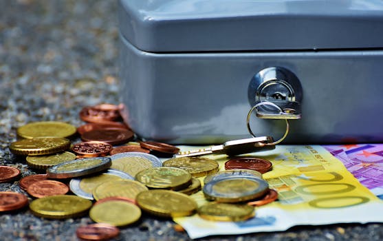 Close-up of a secure cash box with euro coins and banknotes, symbolizing wealth and financial security.
